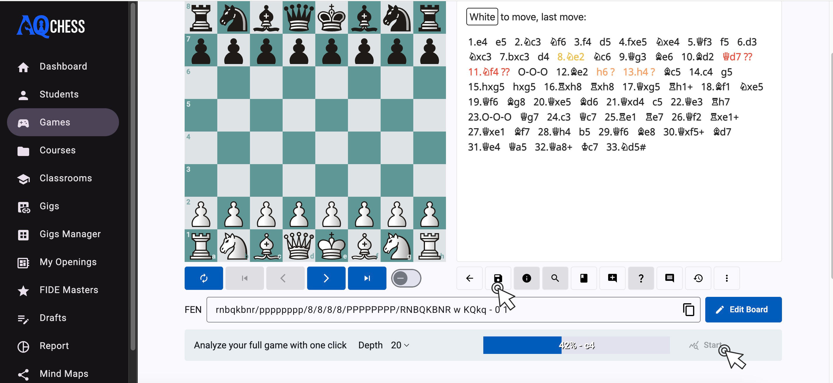 Click Analyze Full Game button to start engine analysis
