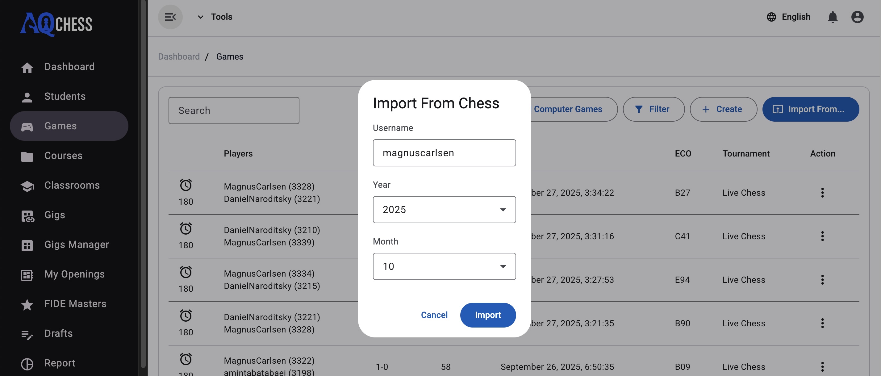 Choose year and month for chess game import