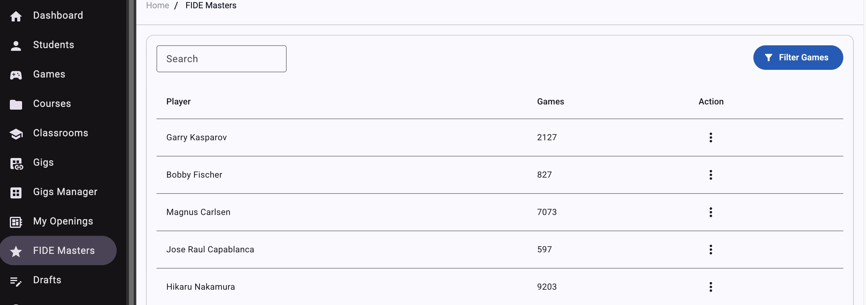 Search and open a FIDE Master profile in AQChess