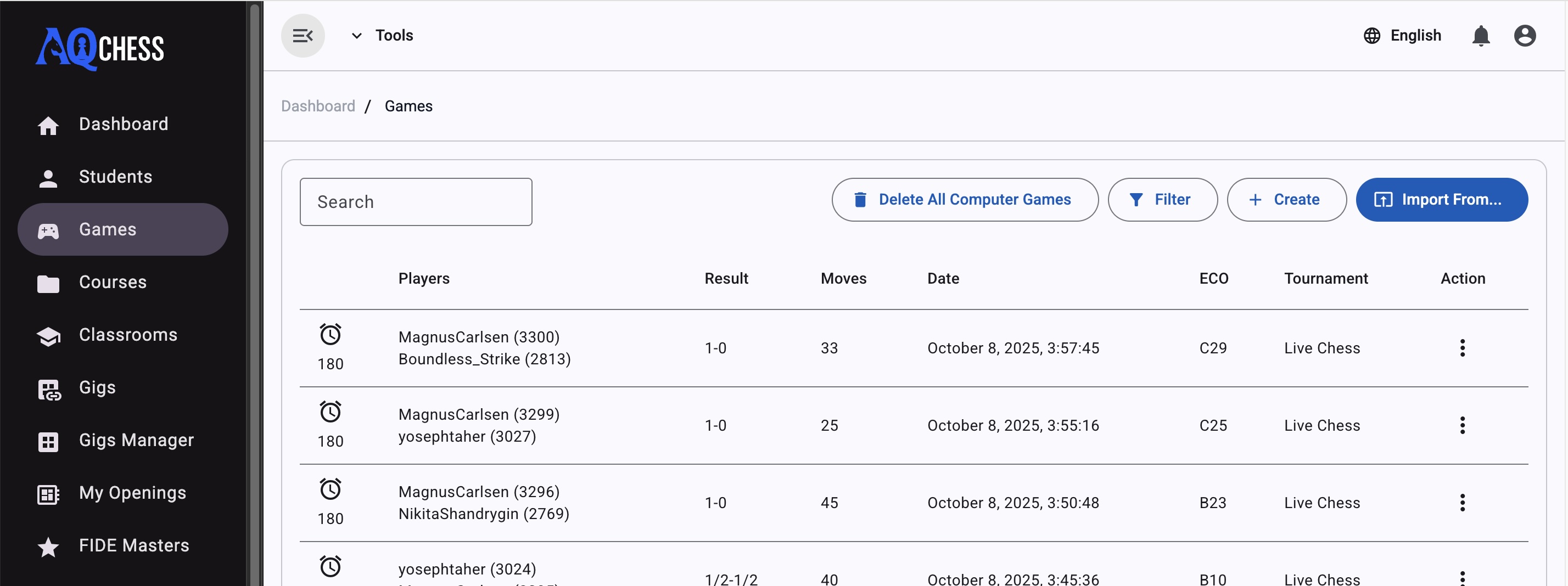 Select a chess game from the Games page in AQChess