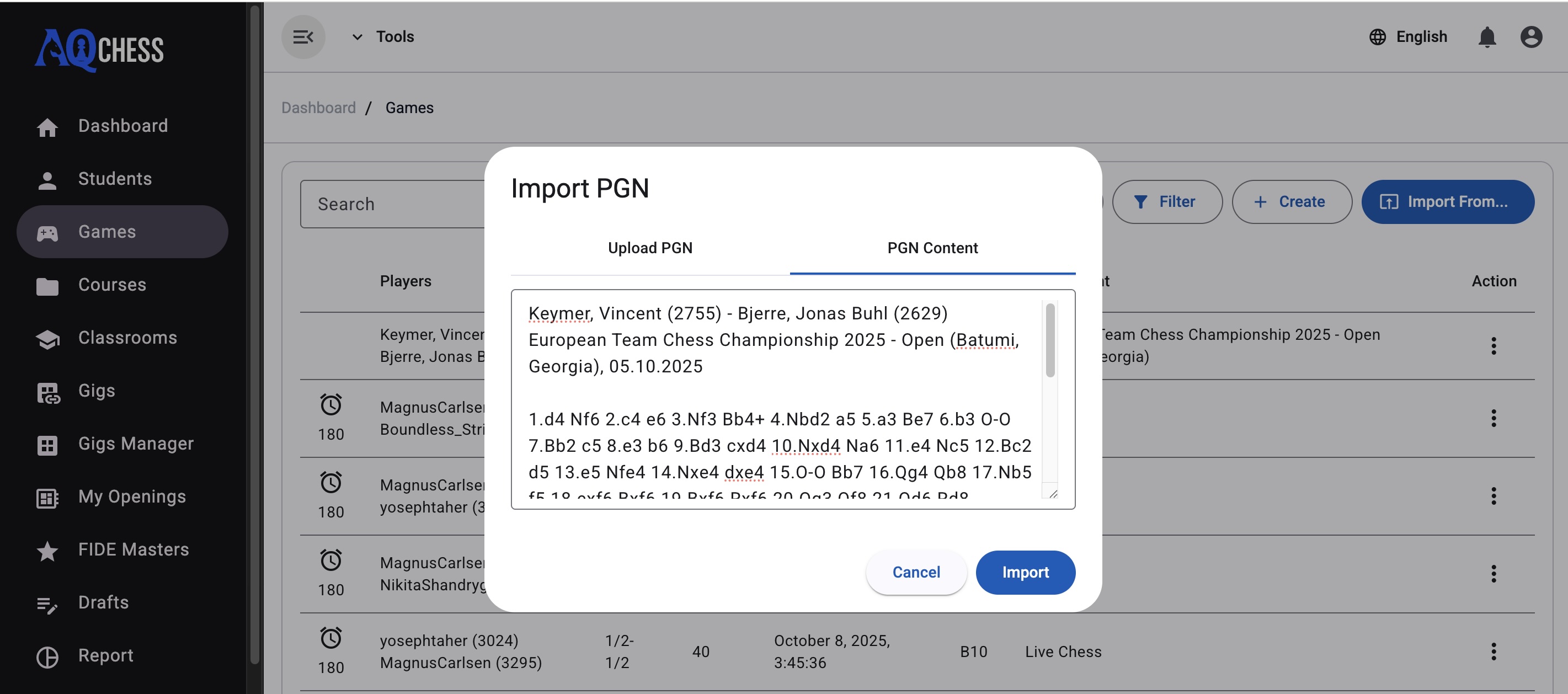 Paste PGN text and import game into AQChess