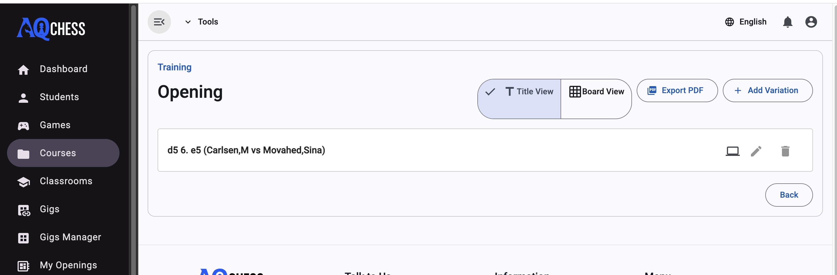 View saved opening variations inside Training course in AQChess